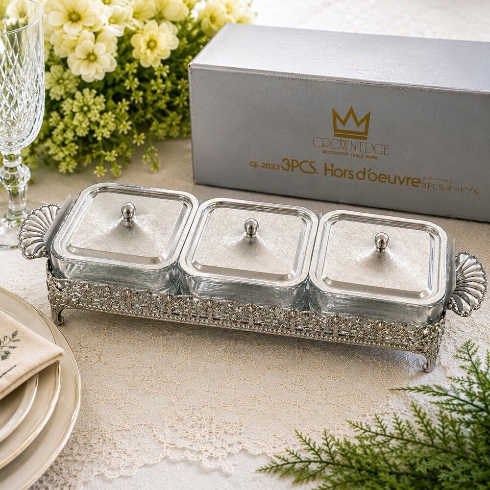 Vintage Crown Edge 3 Pc Silverplate Hor’s D’oeuvre Server Relish Tray Japan